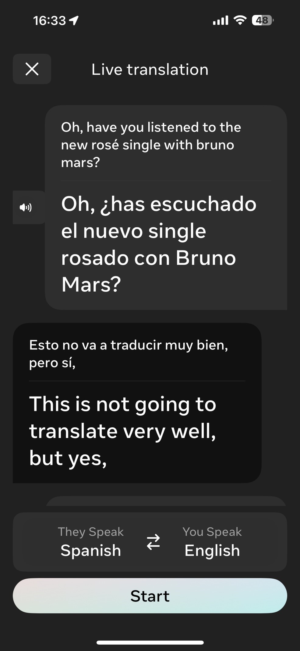 screenshot of live translation transcript talking about the K-pop single APT from Rosé and Bruno Mars.